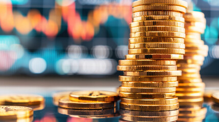 Stacked gold coins with blurred financial graph in background, representing economic growth, wealth accumulation, and investment success.