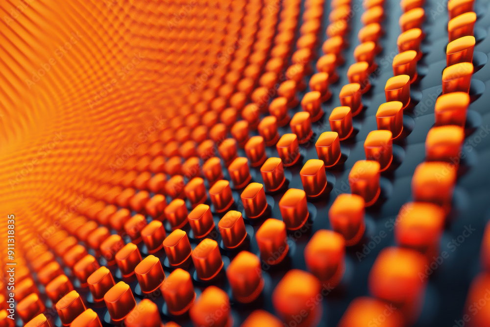 Poster abstract image featuring rows of glowing orange and black spheres arranged in a hypnotic, wave-like 
