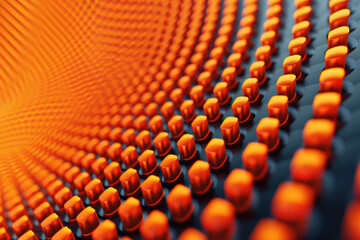 Fototapeta premium Abstract image featuring rows of glowing orange and black spheres arranged in a hypnotic, wave-like pattern, creating a mesmerizing visual effect.