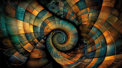 Fototapeta premium A digital illustration of a spiral pattern in shades of blue, orange, yellow, and green set against a dark background