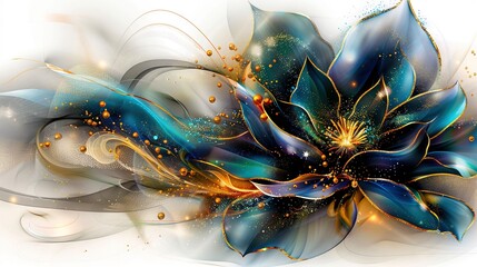 Obraz premium A painting of a blue flower with gold and white swirls on its petals