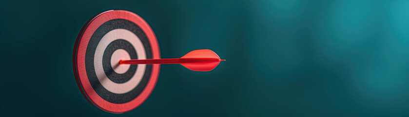 Red dart hitting the bullseye on a target, symbolizing precision and success on a teal background.
