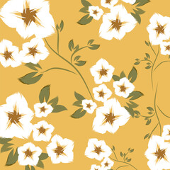 A yellow background with textile of flowers are distributed evenly, creating a balanced and aesthetically pleasing design used in clothes pattern vector