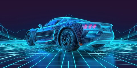 Naklejka premium Futuristic digital wireframe of car concept with blue. Ai generation