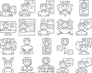 chat bot robot service icons set vector. ai chatbot, mobile digital, support online, technology app, help phone, customer chat bot robot service black contour illustrations