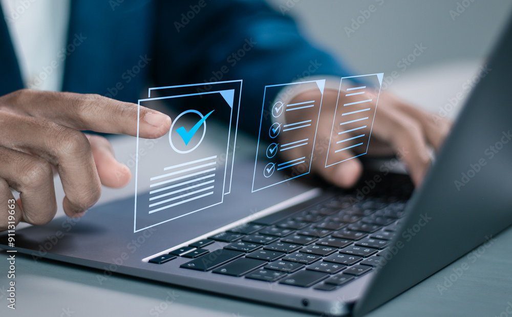 Poster businessman working with approve document on virtual screen for business process workflow illustrati