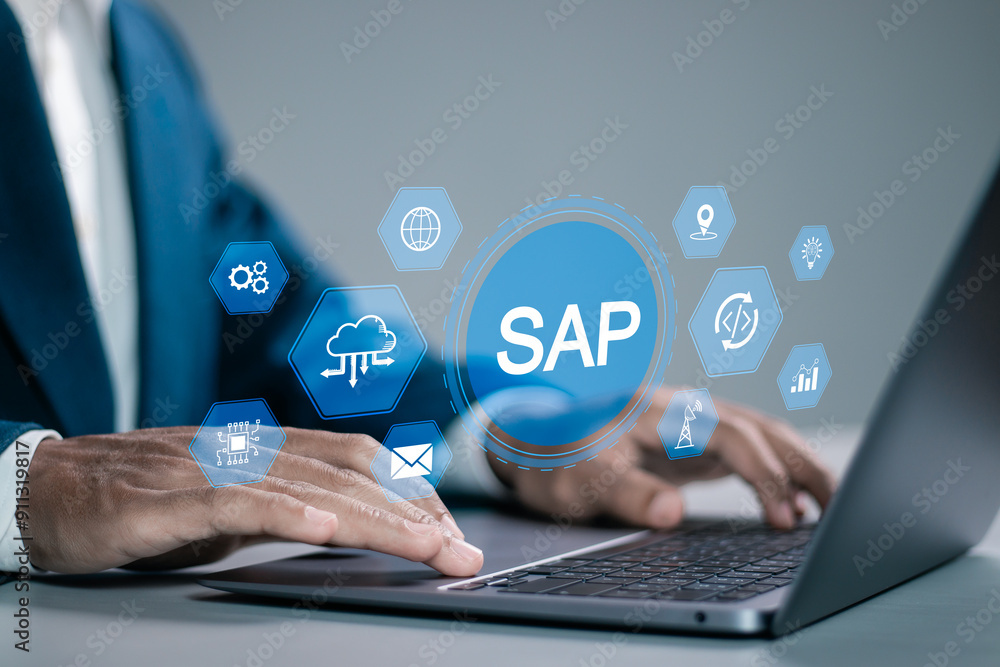 Poster sap (systems applications and products) or erp (enterprise resources planning) system concept. busin