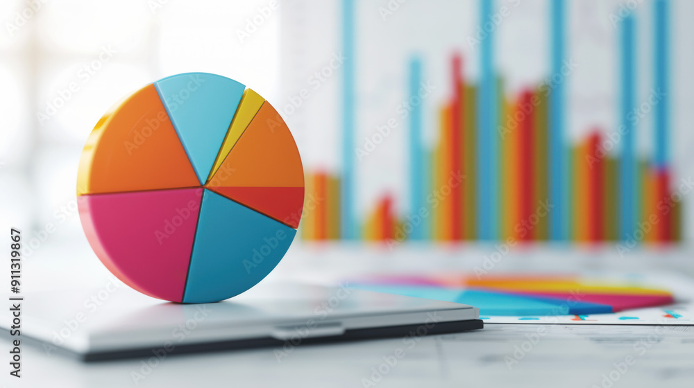 Aufkleber colorful pie chart on a laptop with blurred bar graphs in the background, representing data analysis