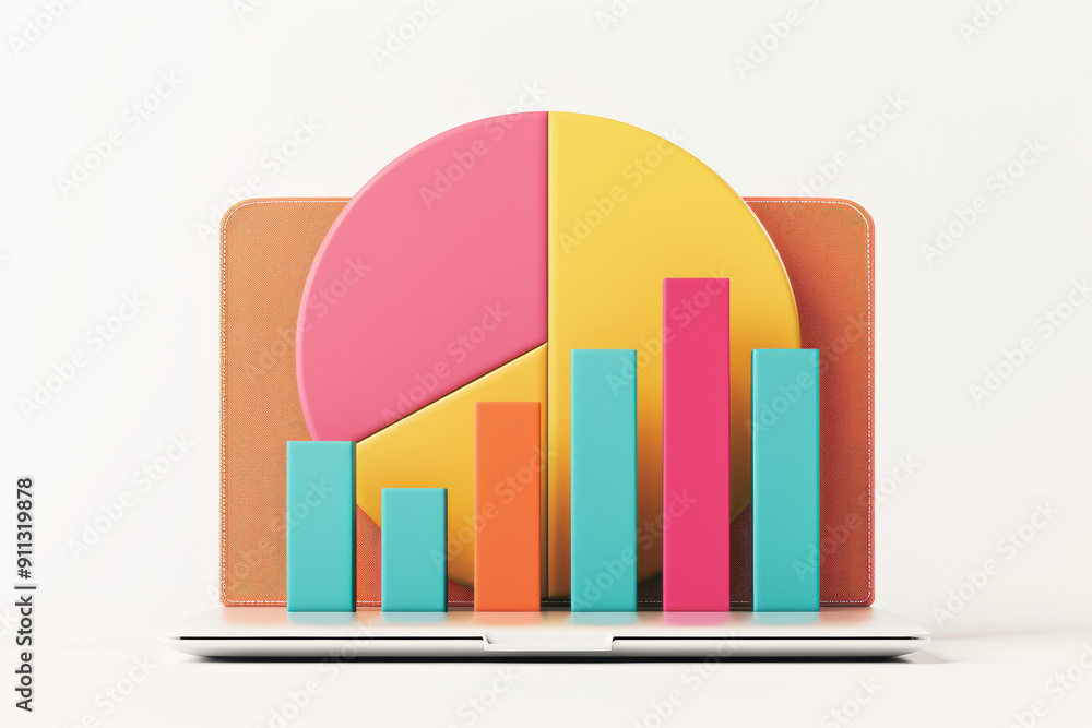 Poster colorful pie and bar chart displayed on a laptop, representing data analysis and business statistics