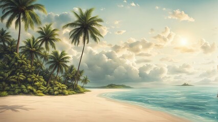 Obraz premium A simple picture of a tropical island featuring palm trees on the ocean shore