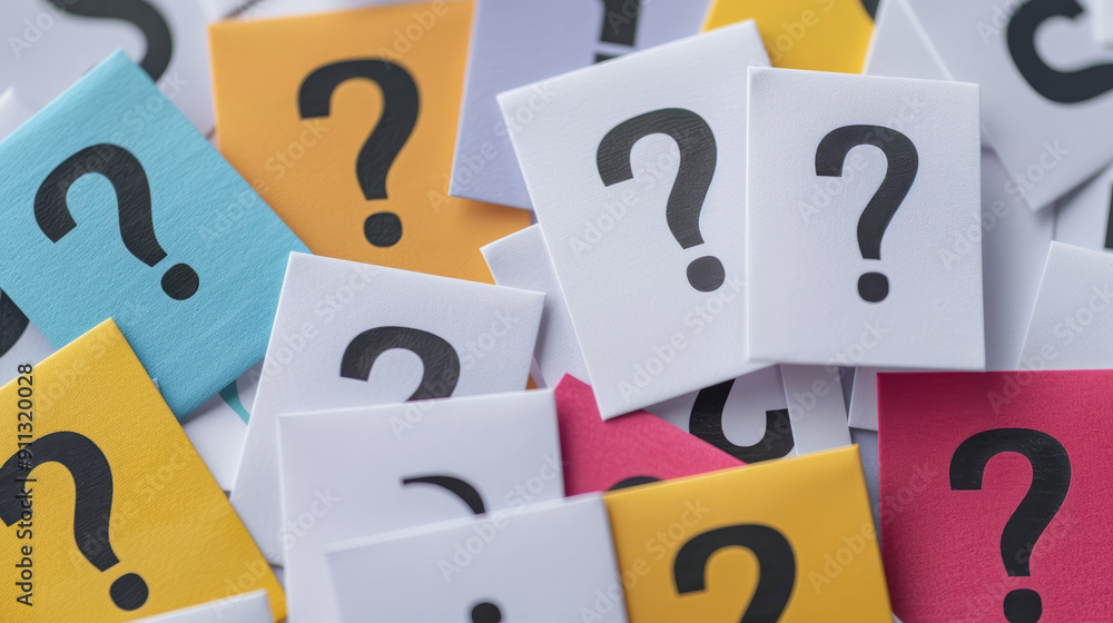 Poster close-up of colorful sticky notes with question marks, symbolizing curiosity, inquiry, problem-solvi