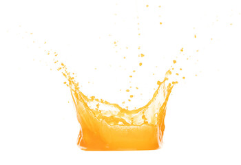 Orange Mango Juice pouring and splash as crown water. Orange Mango Juice explode bubble splash in mid air. Orange juice element water. White background isolated photography