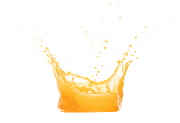 Orange Mango Juice pouring and splash as crown water. Orange Mango Juice explode bubble splash in mid air. Orange juice element water. White background isolated photography