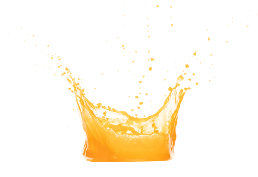 Orange Mango Juice pouring and splash as crown water. Orange Mango Juice explode bubble splash in mid air. Orange juice element water. White background isolated photography