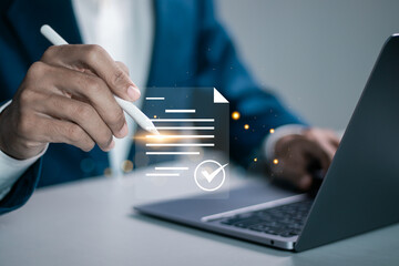 Quality document control checklist and business approve project concept. Businessman ticking correct sign mark in electronic document on virtual screen.
