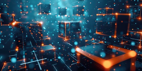 Obraz premium Blue Digital Cube Circle Rotation, Technology and Metaverse, Technology Digital Data Network and Blockchain Connection, Abstract Background