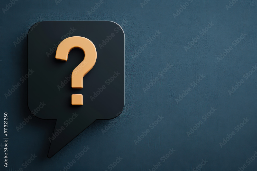 Poster of a black speech bubble with a golden question mark on a textured dark background, symbolizing quer