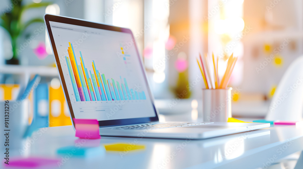 Poster contemporary modern workspace showcasing a laptop alongside insightful data visualization graphs to 