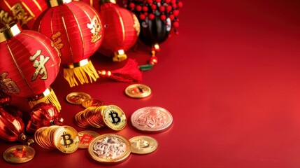 Vibrant Chinese New Year Celebrations with Red Lanterns and Golden Coins on Festive Background