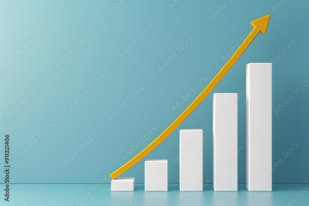 Poster dynamic upward graph with yellow arrow on blue background symbolizing growth, success, and progress 