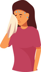 Young woman is wiping sweat from her forehead with a handkerchief, looking unwell