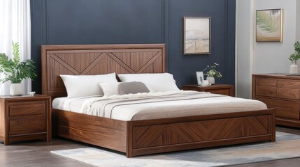 A beautifully crafted wooden bed set with bedside tables enhances the elegance of the modern bedroom, filled with natural light and stylish decor elements