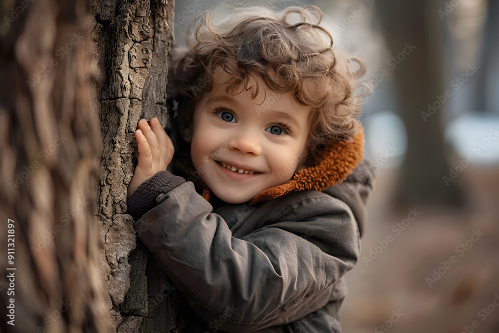 Sticker small boy child hugging tree