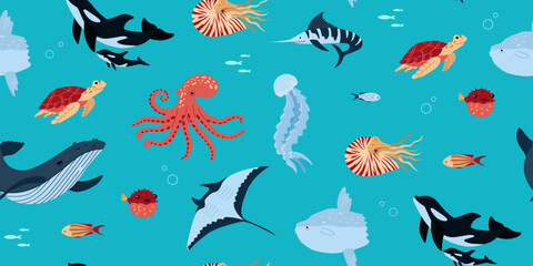 Ocean animals seamless pattern. Underwater creatures. Inhabitants of the sea world. Flat cartoon background for packaging, fabric, wallpaper, paper