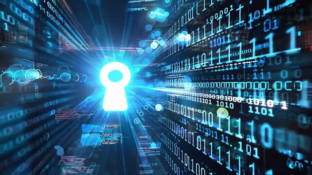 Abstract binary code background with a keyhole, emphasizing cybersecurity and encrypted data