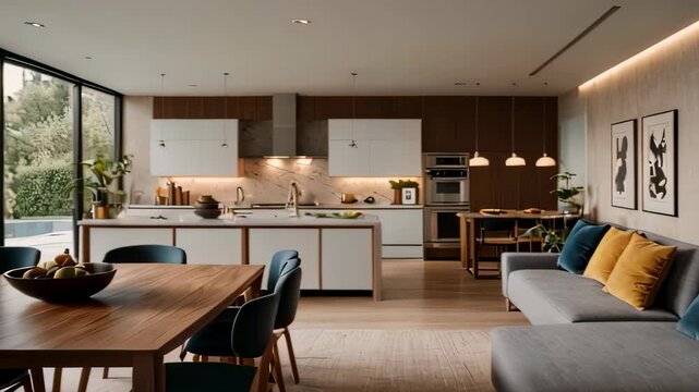 Video footage of modern, open plan living space that combines a kitchen, dining area, and living room in one large room