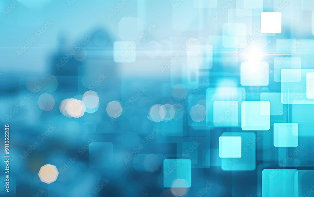 Poster abstract blue bokeh background with glowing squares and soft blurred shapes, perfect for technology,