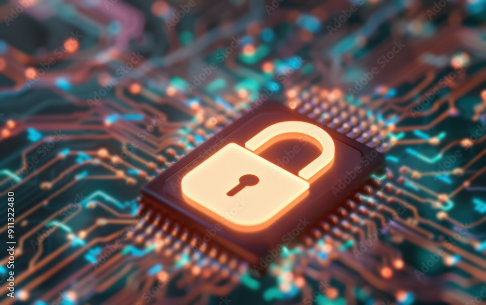 Poster glowing lock symbol on a microchip, representing cybersecurity, data protection, and encryption in t