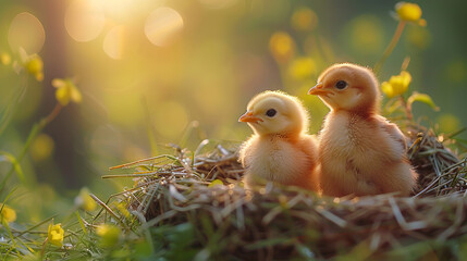 cute chicks standing in the grass under the bright sun