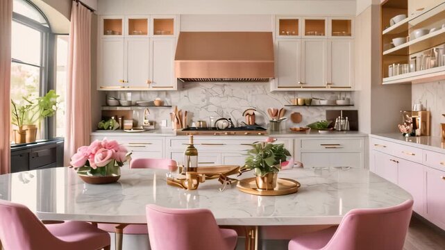 Video footage of modern kitchen interior with a focus on soft color tones and elegant design elements, kitchen features light wood cabinetry