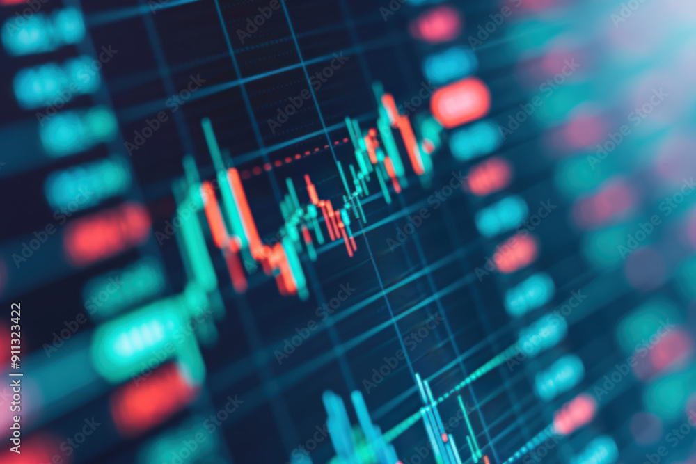 Poster close-up of a digital stock market chart displaying fluctuating data with vibrant colors, ideal for 
