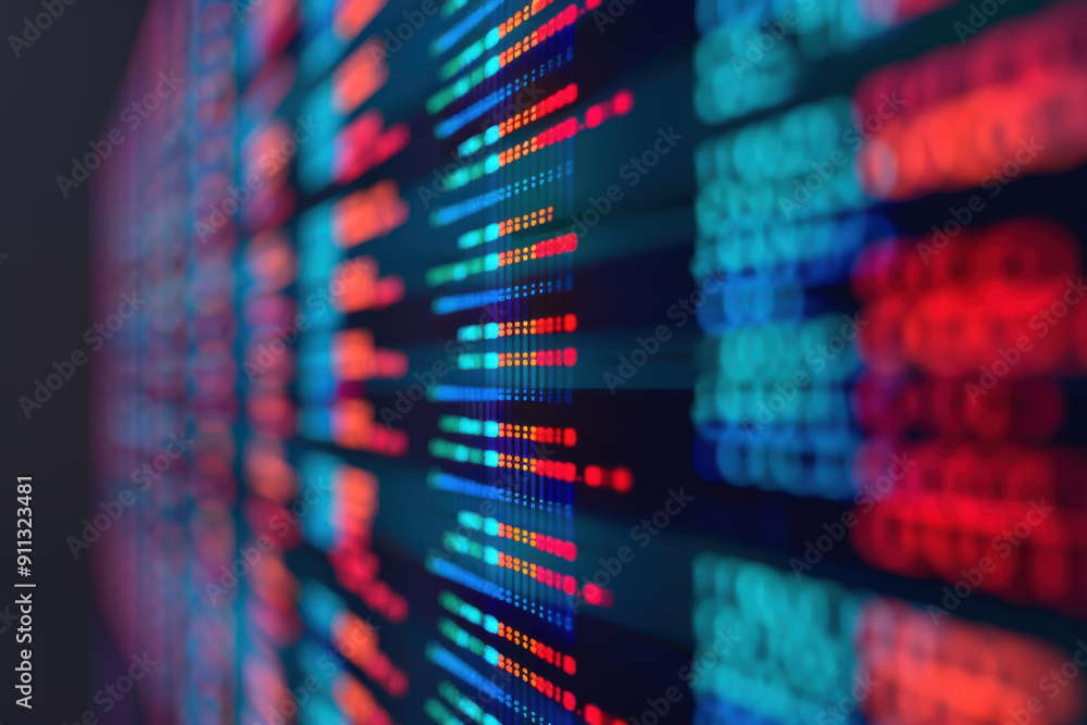 Poster close-up of colorful digital data on a screen, perfect for technology, finance, and computing projec