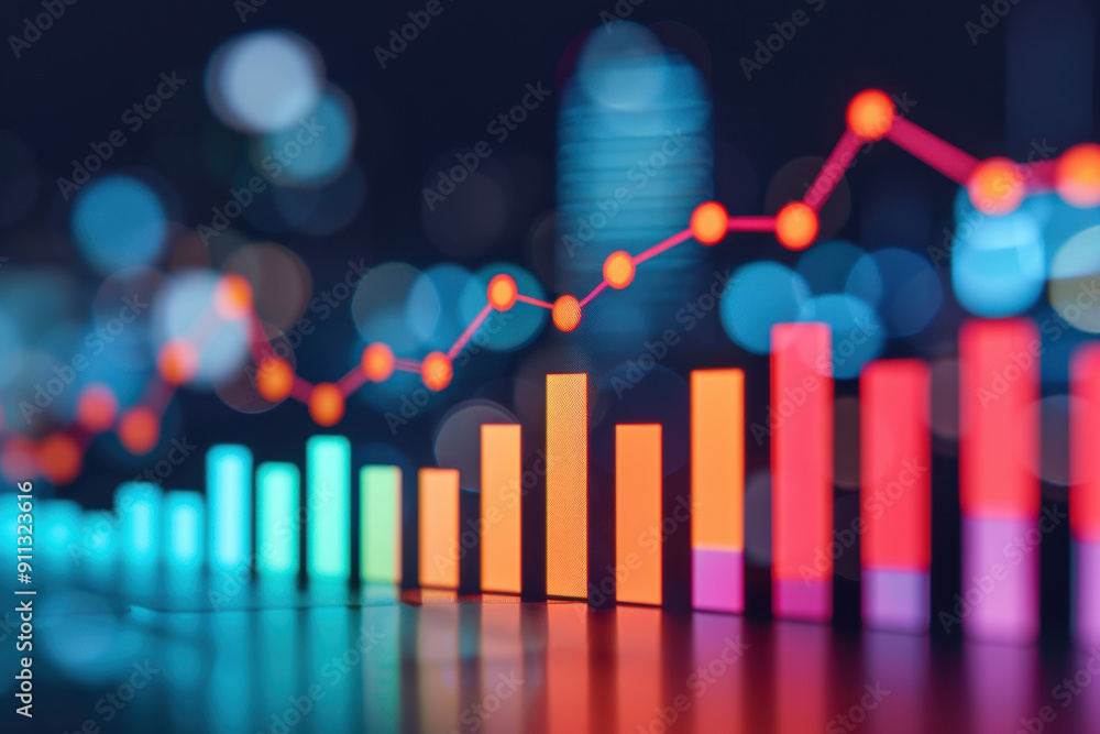 Poster abstract image showcasing colorful bar chart and line graph with bokeh effect, representing statisti