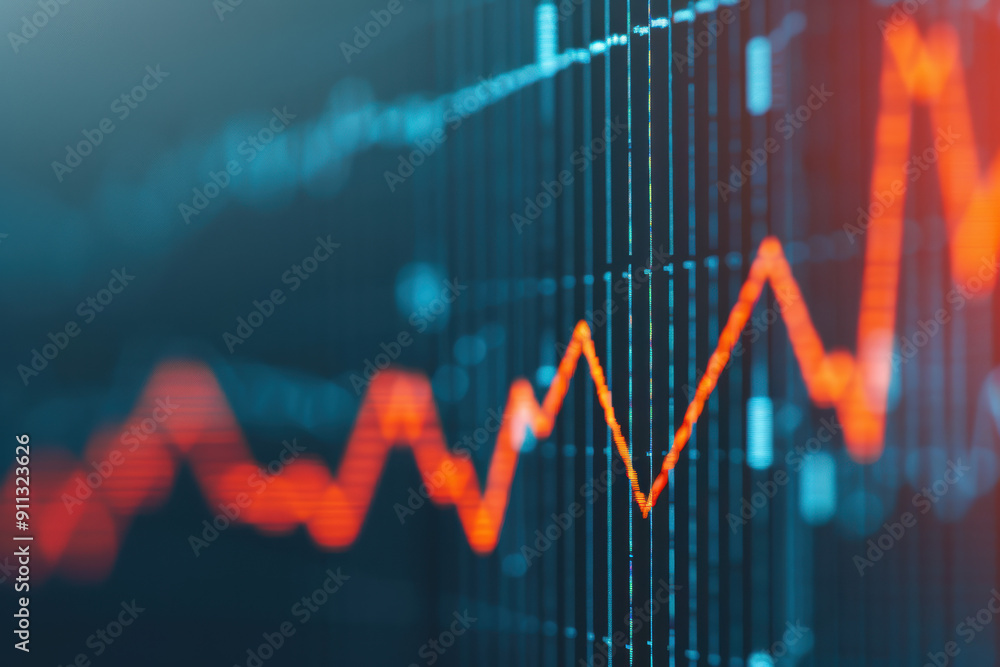 Poster abstract image of a fluctuating financial graph with a focus on a red upward trend line, indicating 