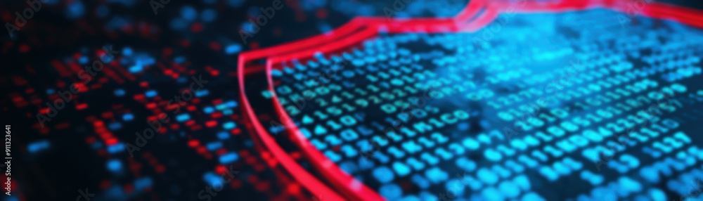 Poster close-up of cybersecurity concept with digital shield protecting binary code data, highlighting onli