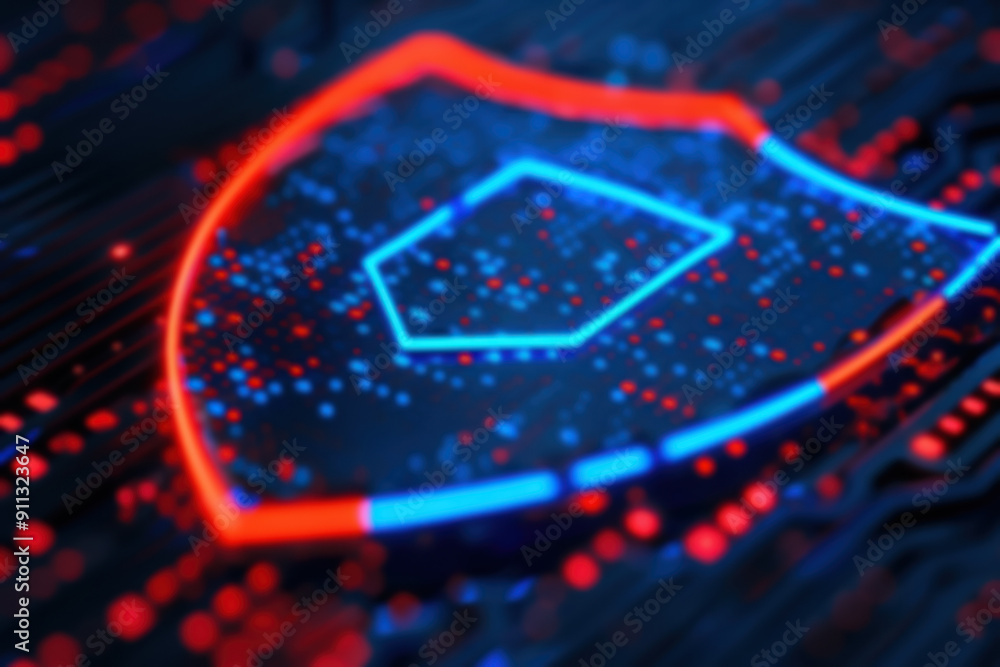 Poster digital shield in red and blue representing cybersecurity and data protection on a futuristic circui
