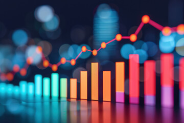 Abstract image showcasing colorful bar chart and line graph with bokeh effect, representing statistical data analysis and growth trends.