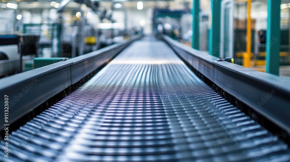 Poster clean and empty conveyor belt in a state-of-the-art factory setting, showcasing precision engineerin