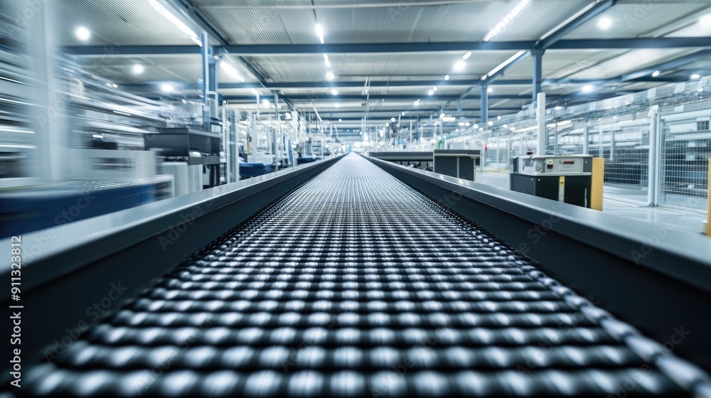 Poster clean and empty conveyor belt in a state-of-the-art factory setting, showcasing precision engineerin
