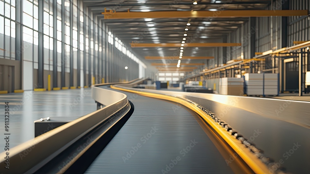 Poster clean and empty conveyor belt in a state-of-the-art factory setting, showcasing precision engineerin
