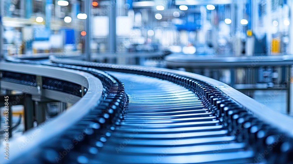 Poster clean and empty conveyor belt in a state-of-the-art factory setting, showcasing precision engineerin