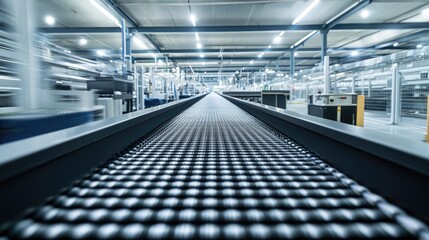 Fototapeta premium Clean and empty conveyor belt in a state-of-the-art factory setting, showcasing precision engineering.
