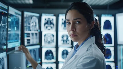 Fototapeta premium Confident female doctor looking at medical scans on a wall of monitors.