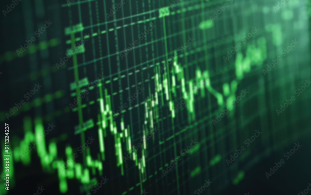 Poster blurred green graph depicting stock market data analysis with fluctuating lines on a dark background