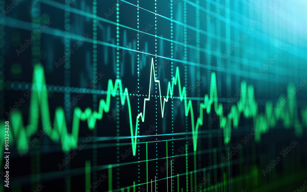 Poster digital financial chart showing stock market data with green lines and grid background, great for fi