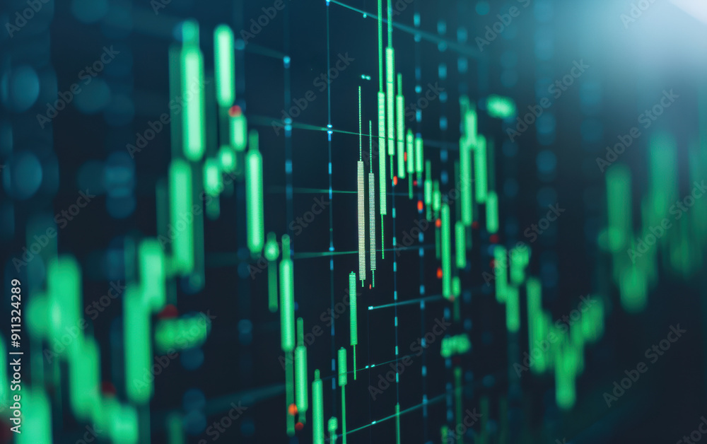 Poster close-up of a digital stock market graph showcasing price fluctuations and trading patterns on a dar